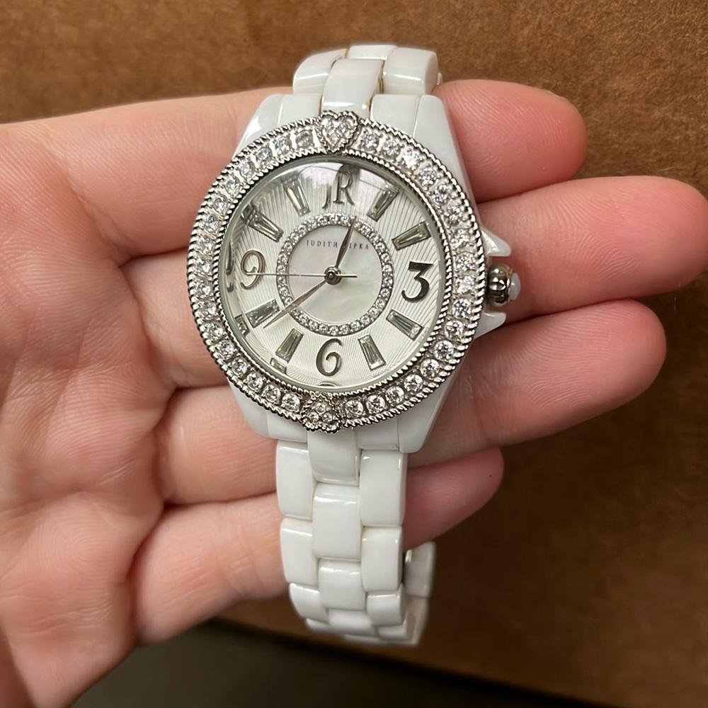 Judith Ripka white ceramic mother of pearl CZ watch